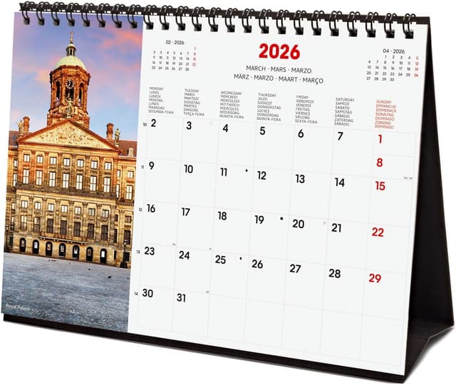 Detalle de Finocam Tischkalender 2026 Monatsansicht (Jan–Dez 2026 + Sep–Dez 2025 reduziert) mit mehrsprachigem Inhalt