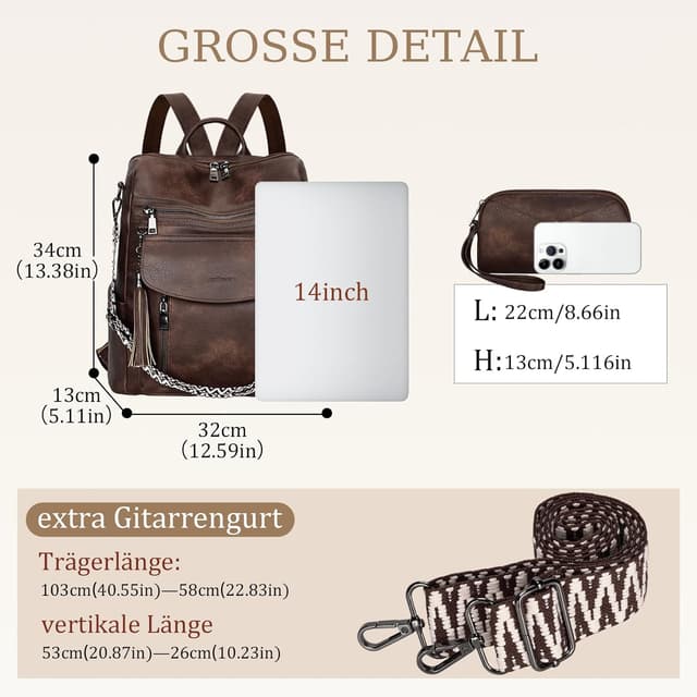 Detalle de LEASOUL Damen Rucksack-Set wasserfest mit Diebstahlschutz & veganem Leder – Cityrucksack mit Handgelenktasche