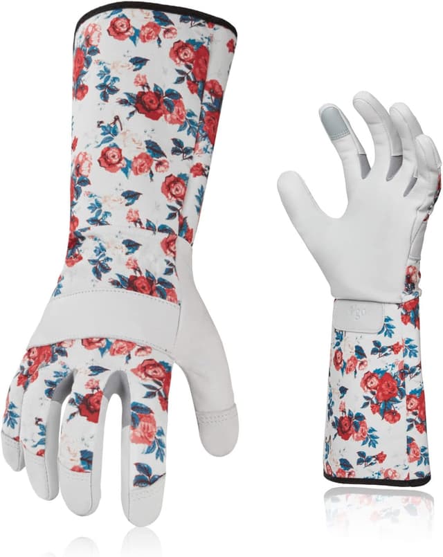Detalle de Vgo… Guanti da giardinaggio donna antispine in pelle di capra antiscivolo, maniche lunghe (Taglia 7/S) – 1 paio