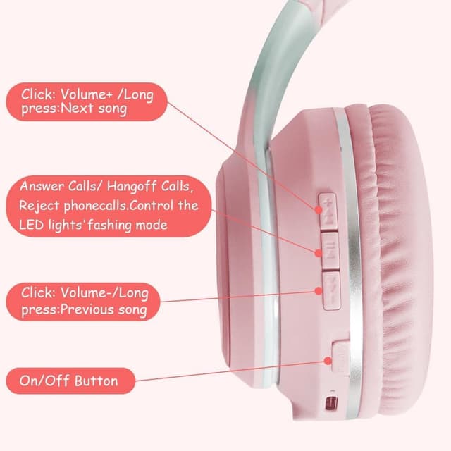 Detalle 2 de Caijin Kids Bluetooth Headphones with LED cat ears (Pink) – safe 85dB volume limit, wireless or wired