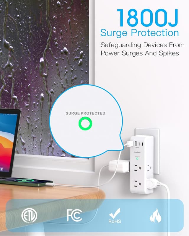 Detalle de Surge Protector Outlet Extender with Rotating Plug — 6 AC Outlets + 4 USB (2 USB-C), 1800J surge protection