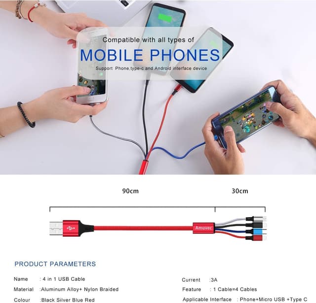 Detalle de Amuvec Multi Charger Cable 1.2m, 4‑in‑1 USB cable