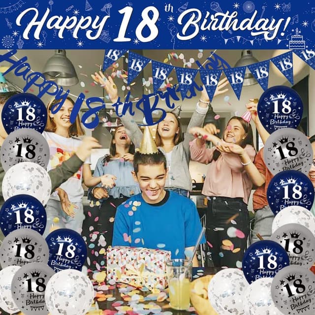 Thumbnail 6 de Yontree 18th Birthday Decorations – Blue & Silver Banners, Triangle Flags, Cake Toppers & More for Him