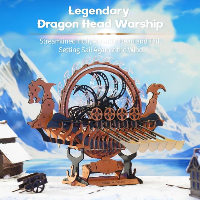 Detalle de Robotime LK802 Viking Dragon Ship 3D wooden model kit with motor and LED light
