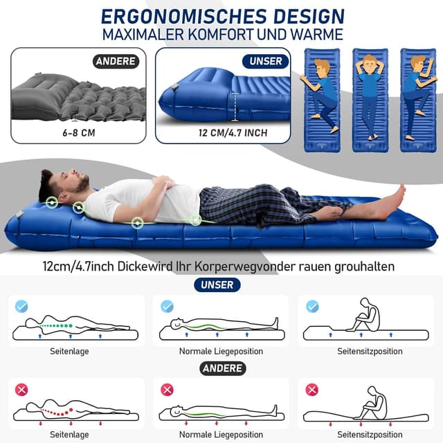 Detalle de JEMULICE Isomatte Camping mit 12 cm Komforthöhe und Fußpumpe – ultraleichtes Packmaß für Zelt & Wandern