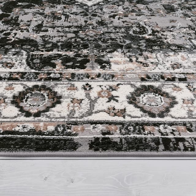 Detalle de Paco Home Tapis de salon à poil ras noir 60 x 100 cm, motif oriental floral avec bordure