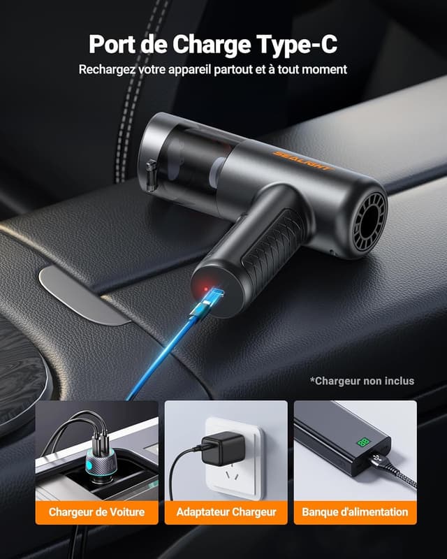 Detalle de SEALIGHT Aspirateur à main 32000 Pa (400000 RPM) sans fil pour voiture, maison, poils d’animaux