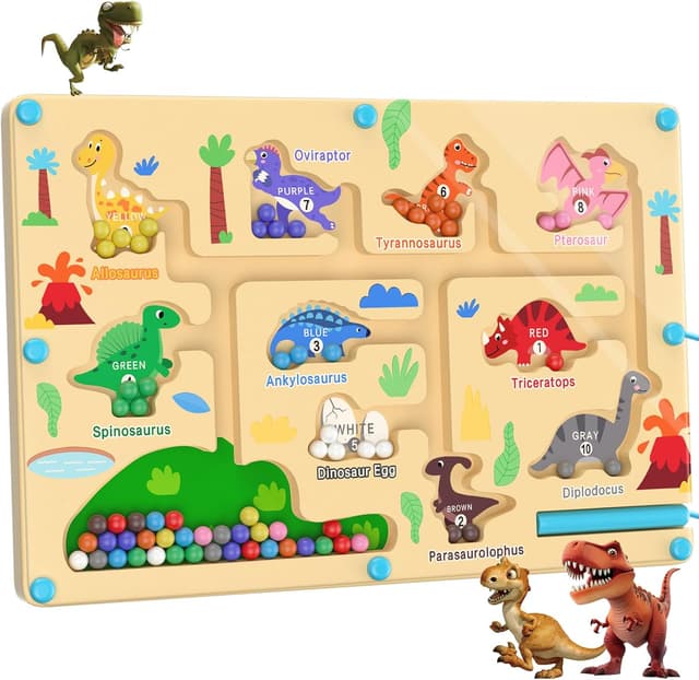 Detalle de Giochi Montessori dinosauro labirinto magnetico in legno con numeri 1–10 e 55 perline colorate