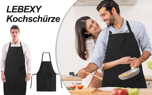 Thumbnail 6 de LEBEXY Kochschürze aus Baumwolle, einfarbig schwarz – mit zwei großen Taschen