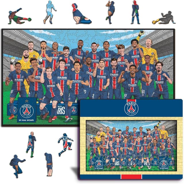 Detalle de Iconic Puzzles PSG Team Treble Winners 2024/25 – Puzzle en bois sous licence officielle, 150 pièces (taille S)