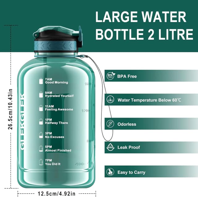Detalle 2 de GLEKGLEK 2 Litre BPA Free Water Bottle with Time Markings (Cyan)