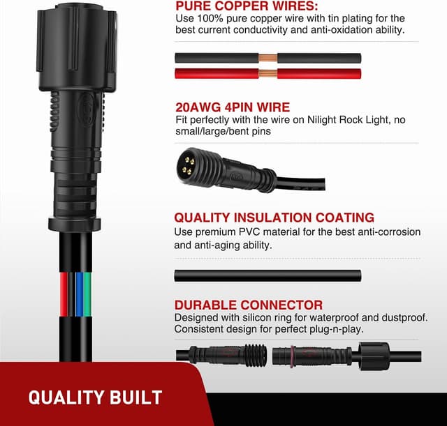Detalle de Nilight 2-Pack 10FT 4-Pin RGB Extension Cable Cord (for 4 & 8 Pods Underglow Rock Light Kits)