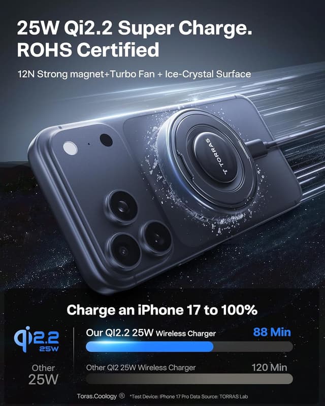 Detalle de TORRAS Qi2.2 25W Magnetic Wireless Charger Stand (Mag-Safe compatible), Black