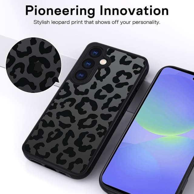 Detalle de XTCASE Cover per Samsung Galaxy S26 leopardata traslucida opaca, custodia sottile in TPU e PC antiurto, anti-graffio nero