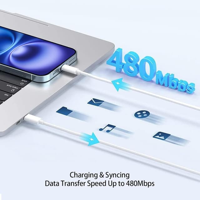 Detalle de 10ft USB-C Cable + 20W USB-C Wall Charger Set for iPhone 16/15 Pro Max, iPad & AirPods (Fast Charging) — White