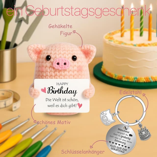 Detalle 2 de Farbeele Glücksschweinchen & Glücksbringer-Schlüsselanhänger im Pocket-Hug-Design – Geburtstagsgeschenk für alle