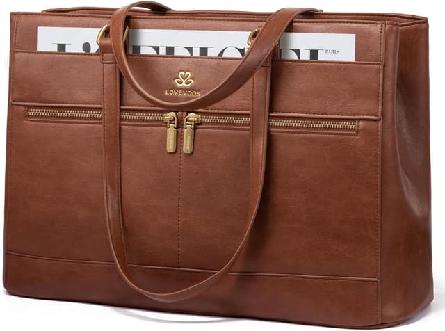 Detalle de LOVEVOOK Damen Handtasche (Groß) für Laptops bis 17,3 Zoll – Retro-Leder Optik, Braun