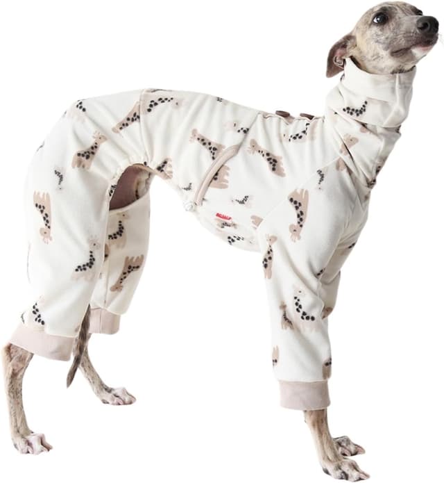 Detalle de Italian Greyhound fleece jumper – warm turtleneck four-leg dog onesie for indoor lounging (Giraffe)