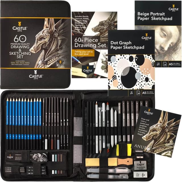 Detalle de Castle Art Supplies set da 60 pezzi per disegno e schizzi con grafite, matite solubili in acqua e fineliner