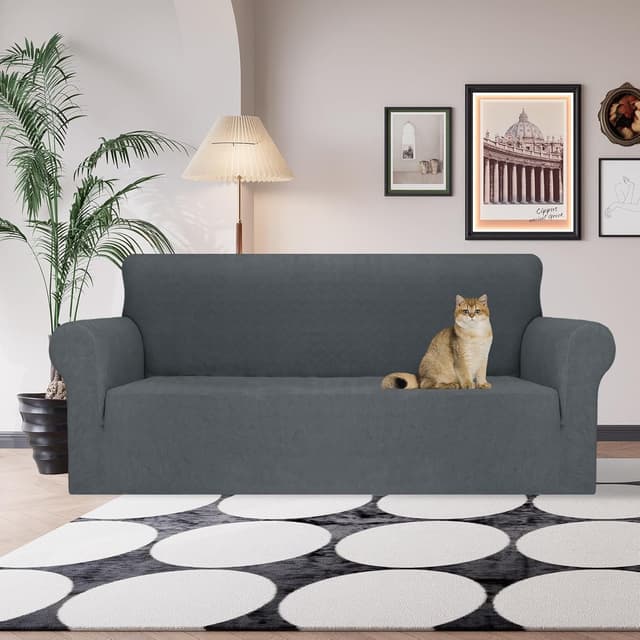 Detalle de Ystyle copridivano 3 posti con braccioli super elasticizzato, antigraffio e antiscivolo grigio scuro