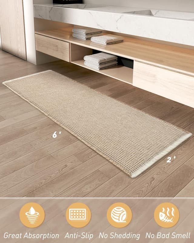 Thumbnail 6 de AMOAMI Upgraded Waffle Runner Rug, Super Absorbent Non-Slip Bath Mat (2' x 6') — Brown & Cream