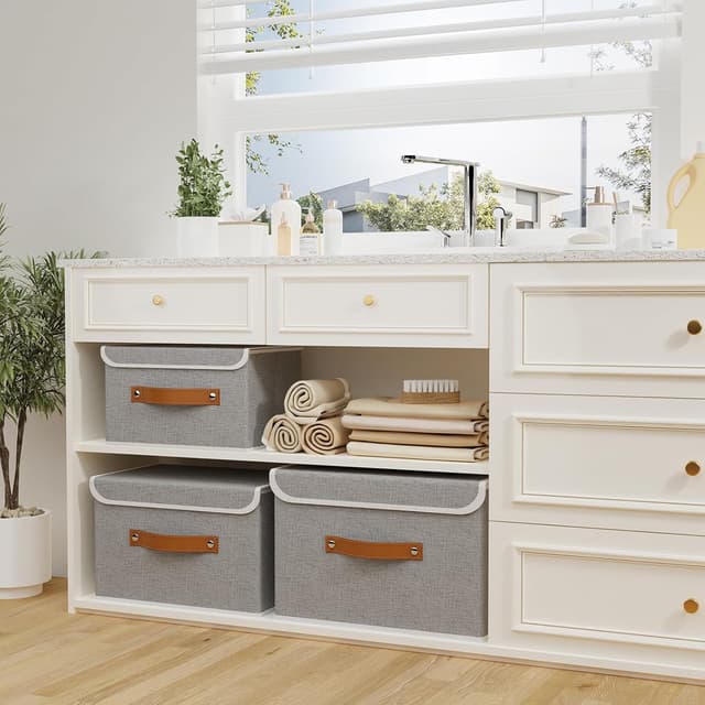 Detalle de OUTBROS Aufbewahrungsboxen mit Deckel (faltbare Stoffboxen) 33 x 23 x 20 cm, grau, 3er-Set