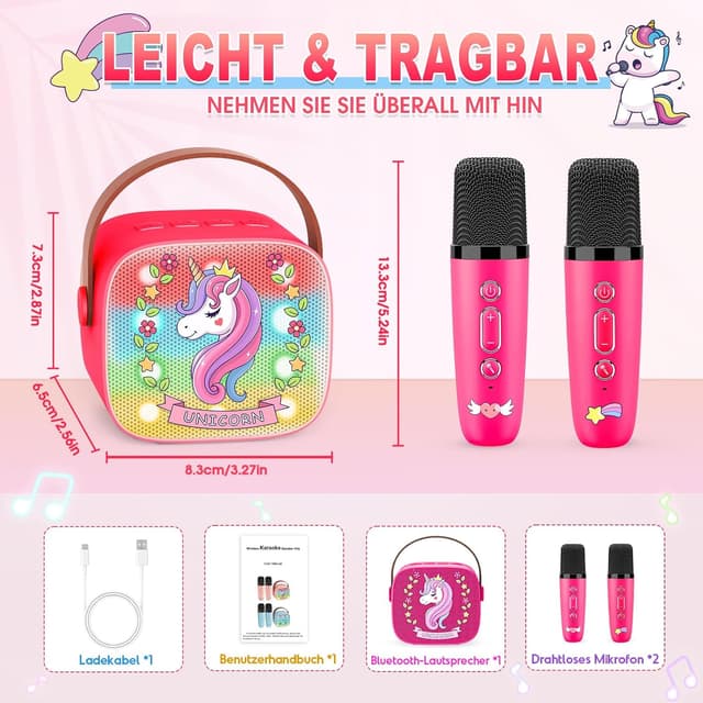 Detalle de Dislocati Mädchen-Karaoke-Set mit Bluetooth: 2 Kinder-Mikrofone, DSP & LED-Lichter (3–12 Jahre)