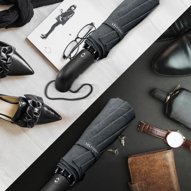 Detalle de Wilford & Sons Umbrella Windproof Compact (Auto Open/Close) – Double Canopy Travel Brolly, Teflon Water-Resistant, Grey