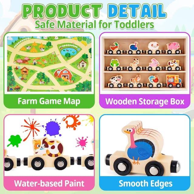 Detalle 2 de Montessori Wooden Train Toy with 12 Magnetic Animals & Game Map (for ages 1–3) in a storage box