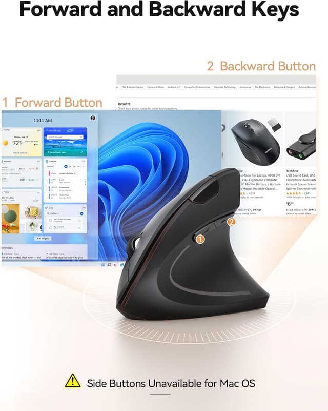 Detalle de TechRise Ergonomic Vertical Mouse (4800 DPI) – Wireless 2.4G Silent Click Ergonomic Mouse for PC/Laptop/Mac, Black