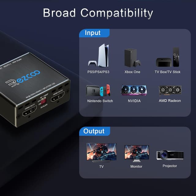 Detalle de ROFAVEZCO HDMI 2.1 Splitter 4K 120 Hz (1×2) mit EDID-Scalern, VRR/ALLM & HDR10/Dolby Vision