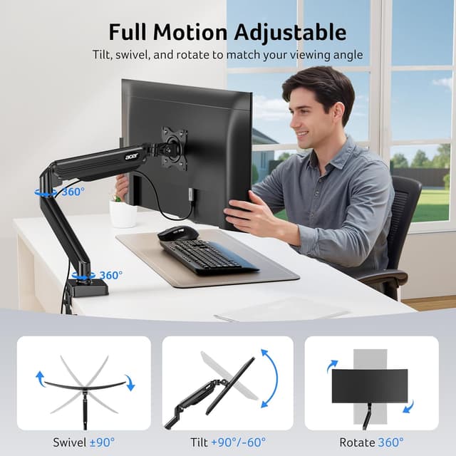 Detalle de Acer single monitor arm desk mount (17–34 inch) with gas spring, tilt/swivel/rotate, VESA 75/100