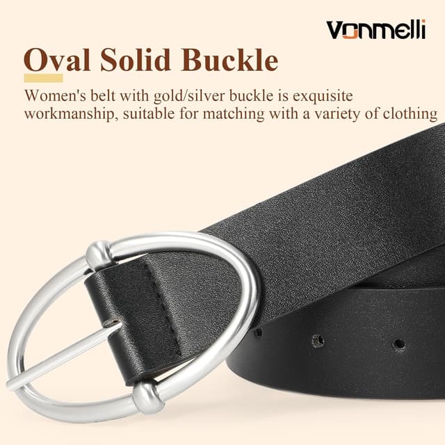 Detalle de VONMELLI women’s PU leather jeans belt with oval silver or gold-tone buckle
