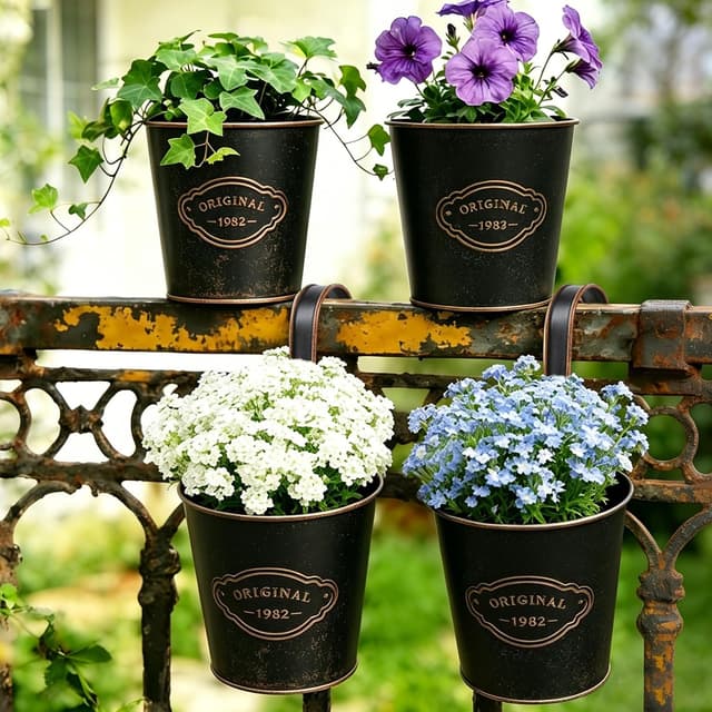 Detalle de CITÉTOILE 4er Set Hängetöpfe aus Metall mit Drainageloch – Vintage-Balkonblumentöpfe zum Aufhängen