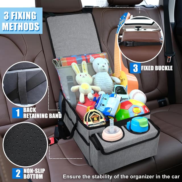 Detalle de GUWINA Car Backseat Organiser (Grey) with Lids and Straps – foldable multi-compartment storage for front, rear seats and boot