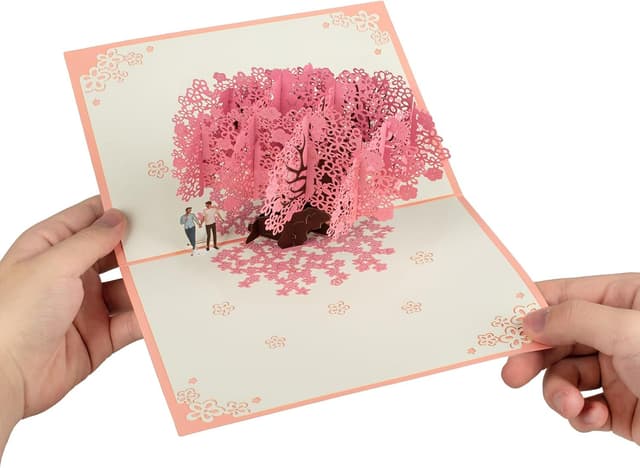 Detalle de 3D-Pop-up-Grußkarte mit Pfirsichblüten für Liebe & Hochzeit – inklusive Umschlag und Notizkarten