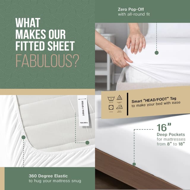 Detalle de TEXAS LINEN CO. 100% Organic Cotton Percale Queen Sheet Set (4-Piece) — 16" Deep Pocket, White