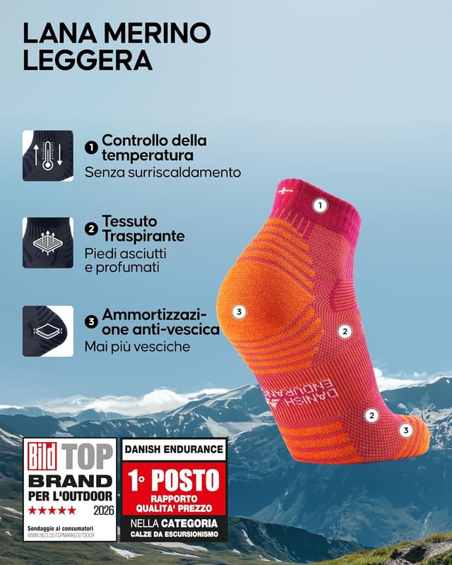 Detalle de DANISH ENDURANCE Calze trekking in lana merino (corte) unisex, termoregolanti e anti- vesciche – 3 paia