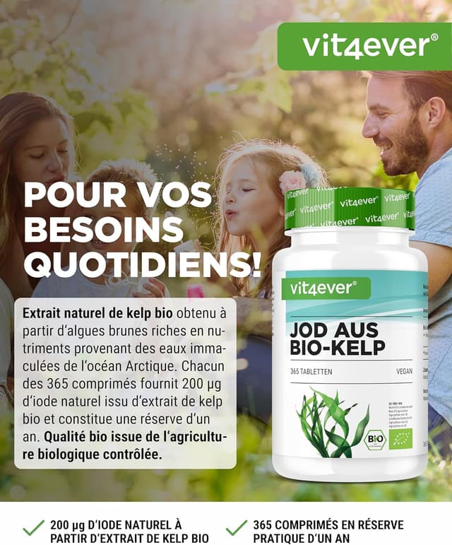 Detalle de Kelp Bio (Iode Naturel) – Complément alimentaire vegan, 365 comprimés dosés à 200 µg d’iode