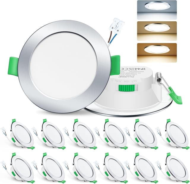 Detalle de ALUSSO LIGHTING LED Einbaustrahler 230V flach dimmbar 7W Set (12er, IP44) – 3000/4000/6500K