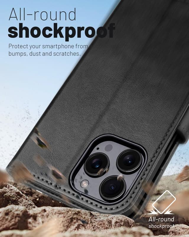 Detalle 2 de OCASE iPhone 16 Pro Max Hülle mit Kartenfach, Standfunktion und RFID-Schutz (PU-Leder, Klapphülle) – Graphit