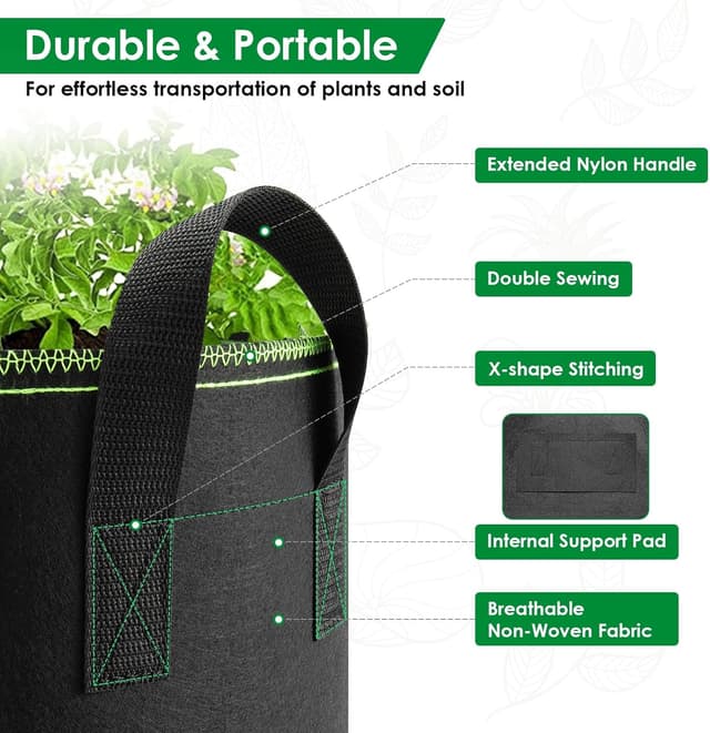 Detalle de Vinitoy Grow Bags 7 Gallon Reusable Fabric Pots (5 Pack) with Nylon Handles and Waterproof Mat, 27L