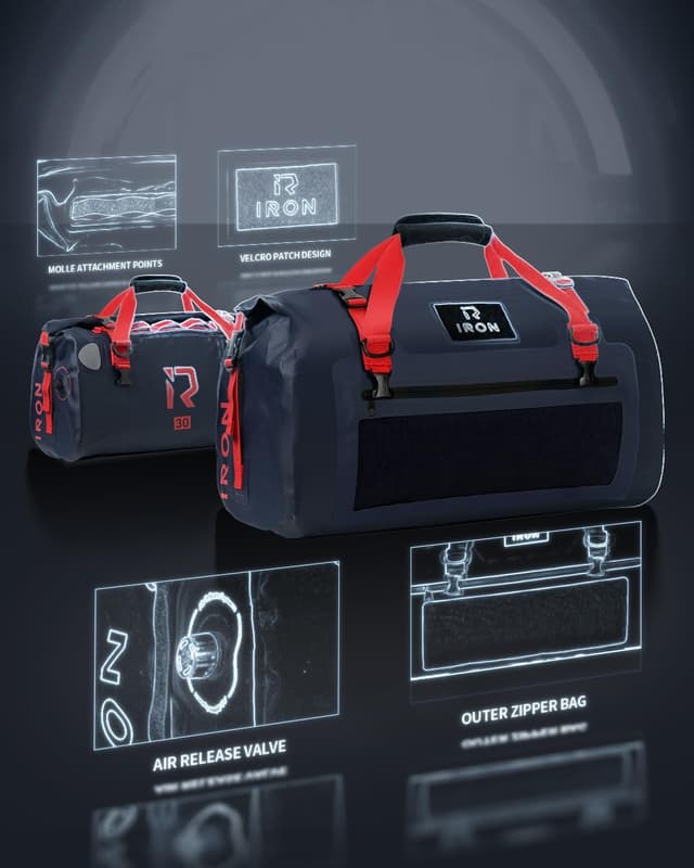 Detalle 2 de IRON JIA’S Borsa moto impermeabile da sella posteriore da viaggio 30L in PVC 500D, chiusura arrotolata e design riflettente