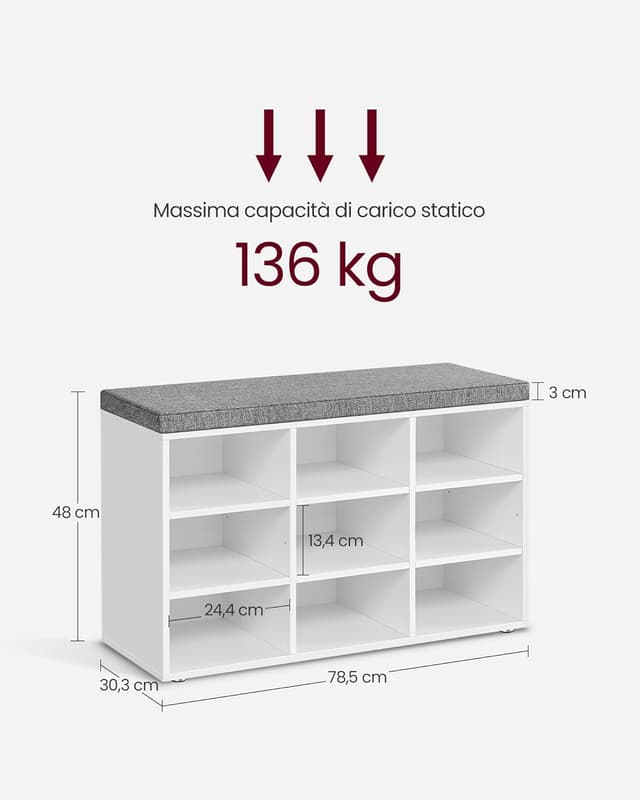 Detalle de VASAGLE LHS009W14 panca scarpiera con seduta imbottita e 9 scomparti, bianco e grigio