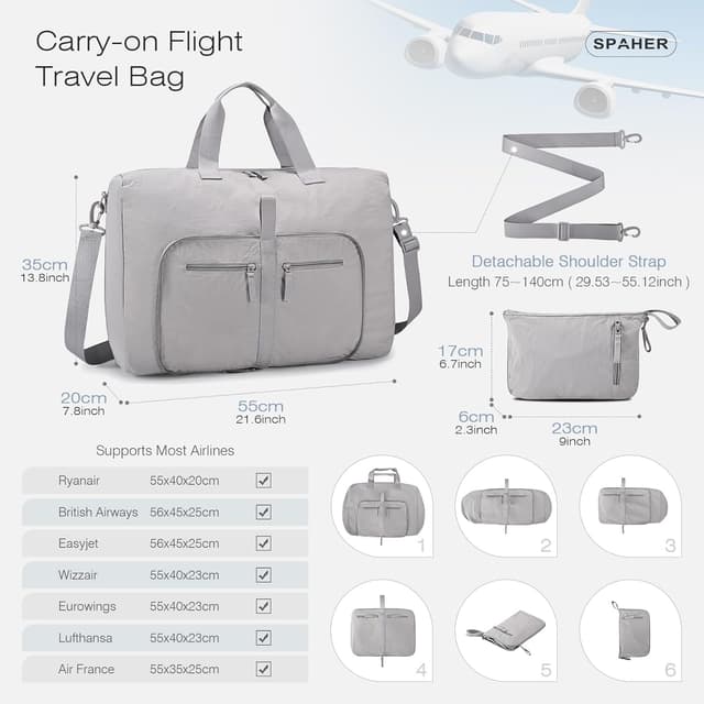 Detalle 2 de SPAHER borsone da viaggio pieghevole 40L (55x35x20 cm) con sacchetto scarpe e beauty case, grigio scuro