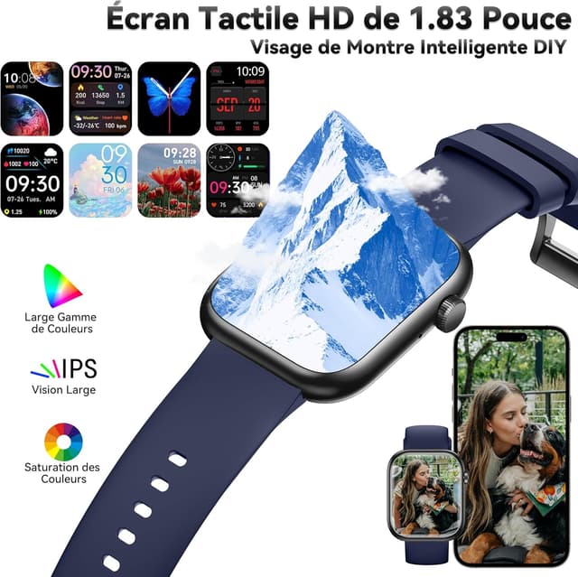 Detalle de RLQA Montre connectée Homme/Femme 1,83" Bluetooth 5,3 avec appel, capteurs santé et 123 modes sport