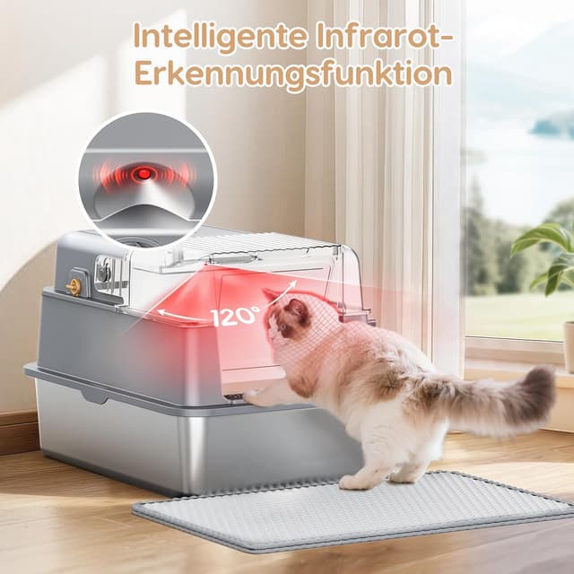 Detalle 2 de PalNests XXL Edelstahl-Katzentoilette mit 105°-Klappdeckel, Deckel- und Spritzschutz sowie Geruchsentfernungssystem