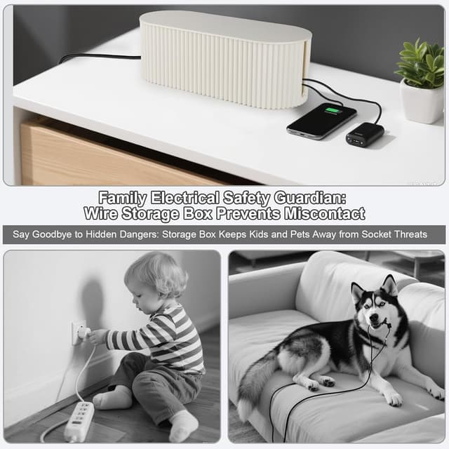 Detalle de Cable Tidy Box wire cable storage organiser box (white) for desk power strips and leads