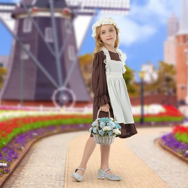 Thumbnail 6 de Aomig Vestito da Cameriera Bambina in stile medievale (kit da 4 pezzi: abito, grembiule, bonnet e calzini)