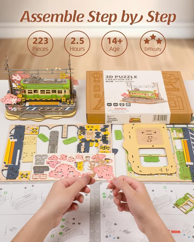 Detalle de ROWOOD Puzzle 3D en bois Sakura Journey – maquette de tramway japonaise avec éclairage LED